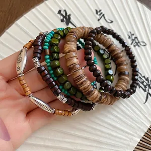 Bohemian multilayer wood bead bracelet set with turquoise and tribal metal accents