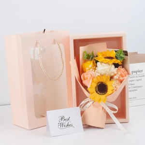 Soap flower bouquet gift box with roses, sunflowers, pink carry bag and greeting card
