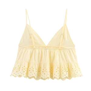 Pale yellow embroidered cotton camisole top with eyelet lace details and straps