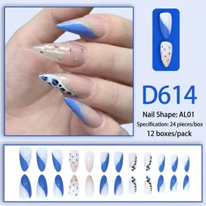 Blue and white stiletto press-on nails with leopard pattern and rhinestones, 24pcs set