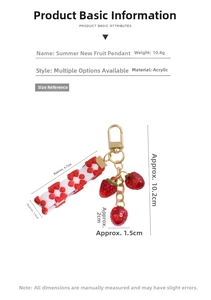 Detailed specs of strawberry fruit pendant with red floral ribbon and size measurements