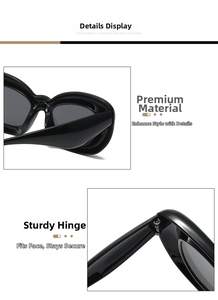 Close-up of high-quality metal hinges and glossy black frame of the oversized sunglasses
