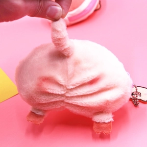 Cute pink plush pig butt coin purse with curly tail and silver metal keychain
