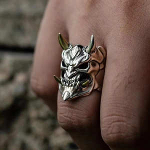 Detailed side view of gothic Prajna demon mask ring with vintage silver and brass finish