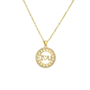 Minimalist gold heart pendant necklace with rhinestones and I Love You inscription