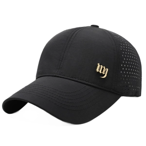 Lightweight breathable black baseball cap with extended brim and gold metal NY logo
