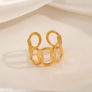 Minimalist gold plated adjustable open ring featuring geometric oval interlocking links