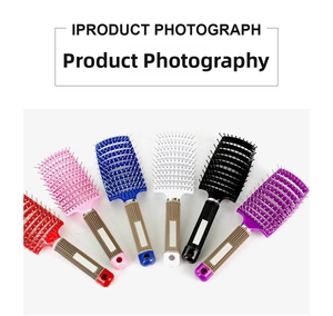 Set of six colorful curved vented hairbrushes with boar bristles and non-slip handles