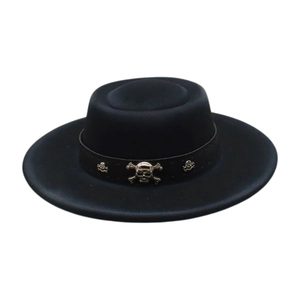 Black felt flat brim fedora with leather band and silver metal skull punk studs