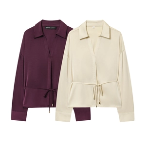 Chemisier En Satin Femme Manches Longues Col En V Chemise À Revers Taille Nouée Cordon Élégant Couleur Unie Top Mode Satin