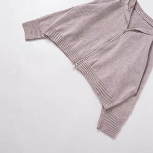 Mauve knit hoodie cardigan for women featuring a smooth metal zipper and ribbed cuffs