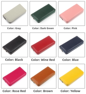 Litchi pattern genuine leather long wallets displayed in nine vibrant color options