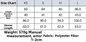 Size chart showing XS to L dimensions for the elegant blazer and skirt suit set