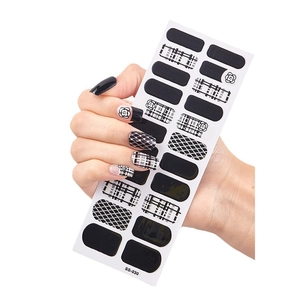 Self-adhesive waterproof nail stickers with black and white plaid and flower patterns