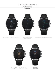 Multiple quartz men's watches with black leather straps in five assorted dial colors