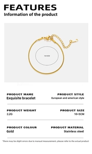 Detail view of 18K gold plated stainless steel snake chain bracelet with size dimensions