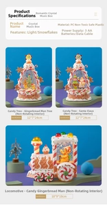 Detail showing Christmas crystal music box specs and internal LED snowflake lighting