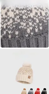 Detailed close-up of thick knit winter beanie texture with soft faux fur pompom and logo