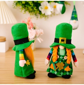 St. Patrick's Day Irish Gnome plush doll set with green hat and shamrock for home decor.