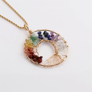 Golden Tree of Life pendant necklace with multi-color Seven Chakra stones on twist chain