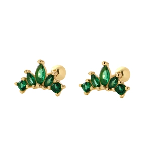 Golden crown stud earrings with green zircon stones and screw back ball design