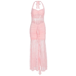 Elegant pink lace halter dress with pleated details and slim fit for summer parties