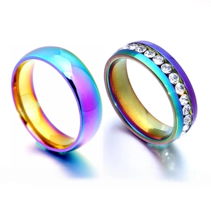 Rainbow 316L stainless steel couple rings with 6mm band and crystal inlay for lovers