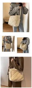 Close-up of beige quilted tote bag showing rhombus texture and side zipper pocket detail