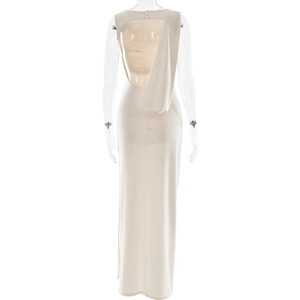 Detail of elegant backless ivory maxi dress featuring asymmetric cape sleeve and sleek silhouette