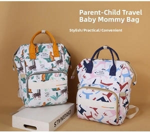 Detail of printed large-capacity diaper bags with animal and geometric patterns