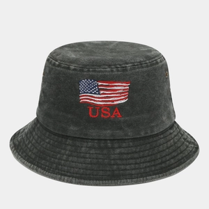 Close-up of vintage washed gray bucket hat with USA flag embroidery and metal eyelets