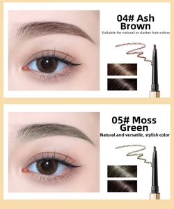 Dual-ended eyebrow pencil shade swatches for grey brown and moss green natural hair colors