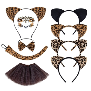 Leopard Print Cat Ears Headband Bowtie Tail Mesh Tutu Skirt And Face Stickers Halloween Cosplay Party Role Play Costume