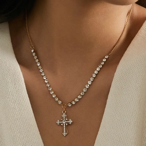 Stainless Steel Chain Alloy Cross Pendant Necklace With Zirconia Inlay Gold Plated Fashion Jewelry For Women Daily Dating Gift