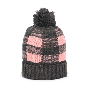 Winter checkered knit beanie in grey and pink with a soft faux fur pom and ribbed cuff