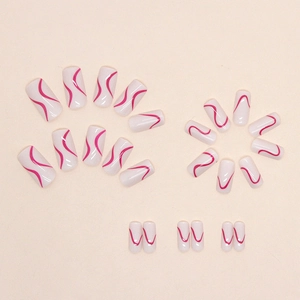 Unghie finte quadrate medie bianche con eleganti motivi a linee ondulate rosa