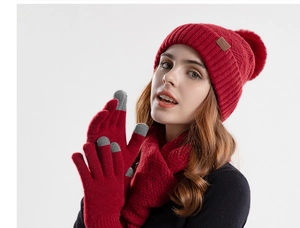 Detail of red winter knit set including pompom hat, scarf, and touch screen gloves