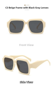 Detail view of beige square frame sunglasses with thick temples and dark gray lenses