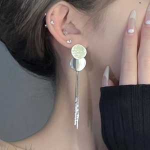Long Tassel Drop Earrings With Silver Earring Post Geometric Round Metal Minimalist Jewelry For Women