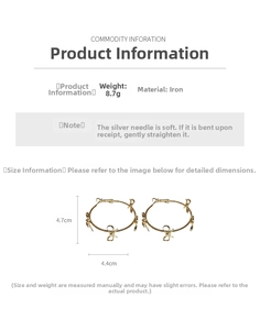 Detail view of gold bow hoop earrings with dimensions and material specifications