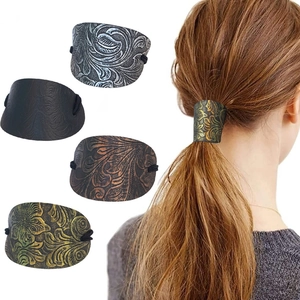 Vintage Leather Ponytail Holder Cuff Embossed Floral Pattern Oval Hair Tie Retro Ethnic Hair Accessories For Women