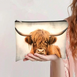 Handheld view of a large capacity highland cow printed canvas makeup and toiletry bag
