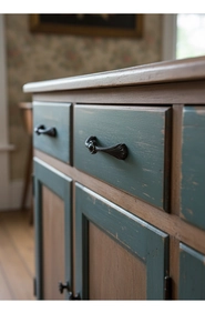 Detail of teal wooden drawer with antique bronze handle and retro distressed texture