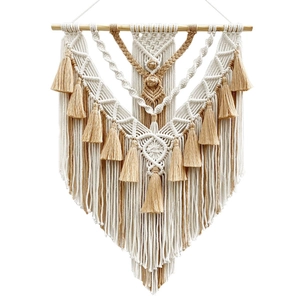 Arazzo da parete macramè fatto a mano con frange boho e bastone in legno naturale bicolore