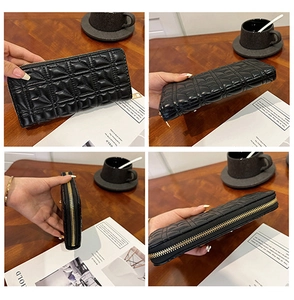 Detailed views of a black quilted leather long wallet for women with golden zipper closure