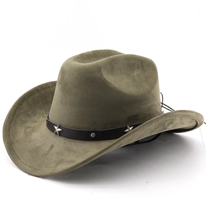 Close-up of olive green felt cowboy hat with brown leather band and silver star studs