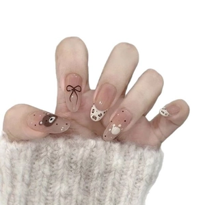 30pcs press-on nails featuring cute cartoon bears, leopard prints, and black bows