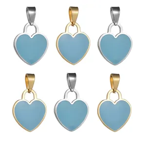 Set of six heart-shaped light blue enamel pendants with gold and silver metal frames