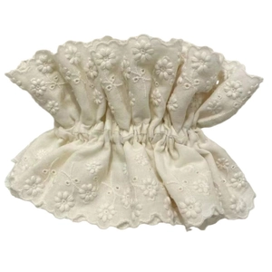 Detailed close-up of 3D floral lace embroidery on high-elasticity white hair scrunchie