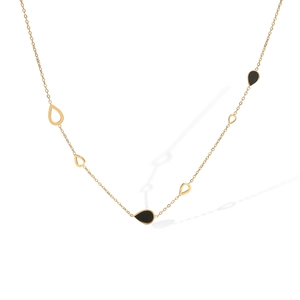 Macro detail of 18K gold plated necklace featuring alternating black and hollow teardrops